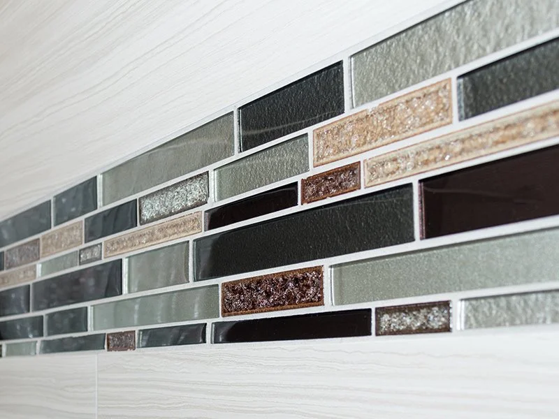 Glass tile backsplash in bathroom remodel by tile contractor in Redding, CA