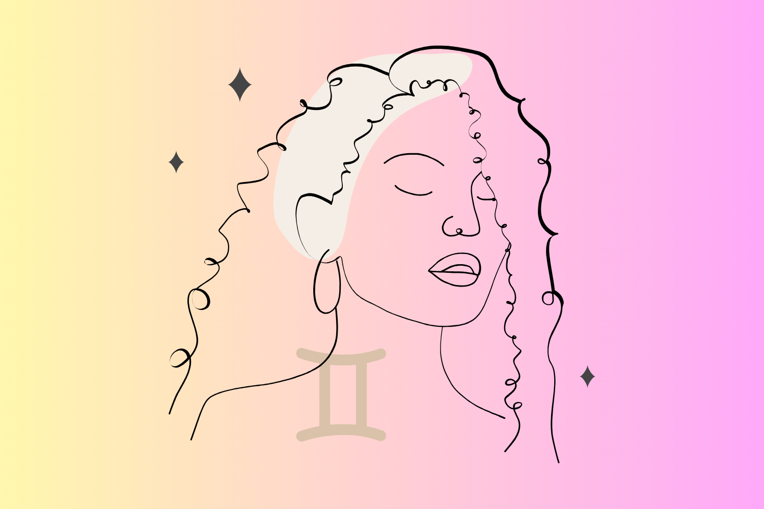 An outline drawing of a woman with curly hair. The symbol of Gemini rests over her shoulder. The background is an ombre from yellow to pink.