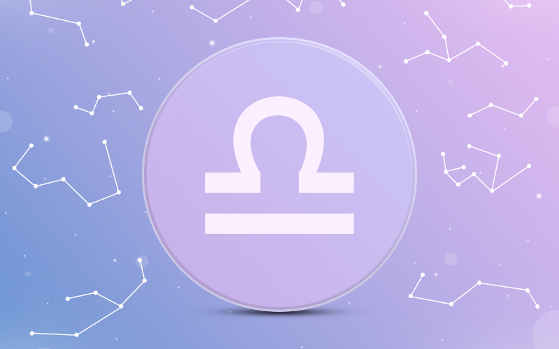 The libra symbol on a purple circle. The background is purple ombre with constelations.