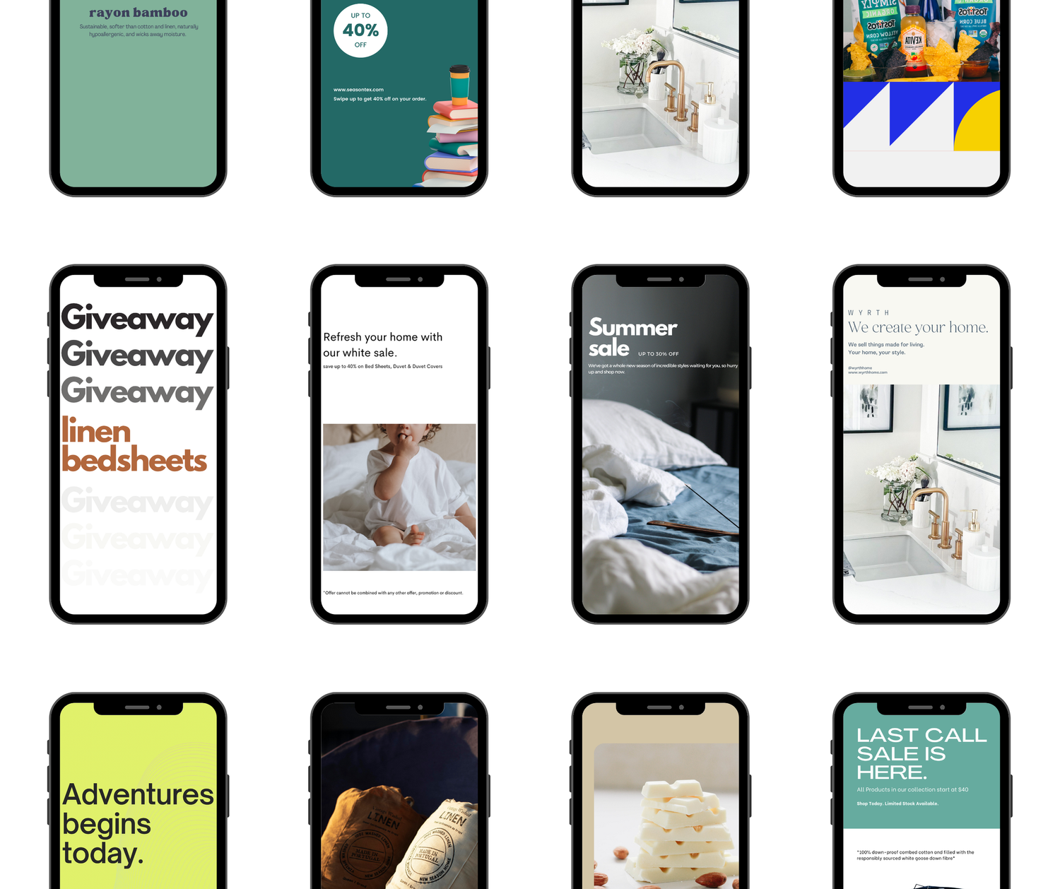 Grid of mobile phone layouts displaying various advertisements and sales promotions, including discounts on linens, home goods, and lifestyle products, with diverse imagery and text.