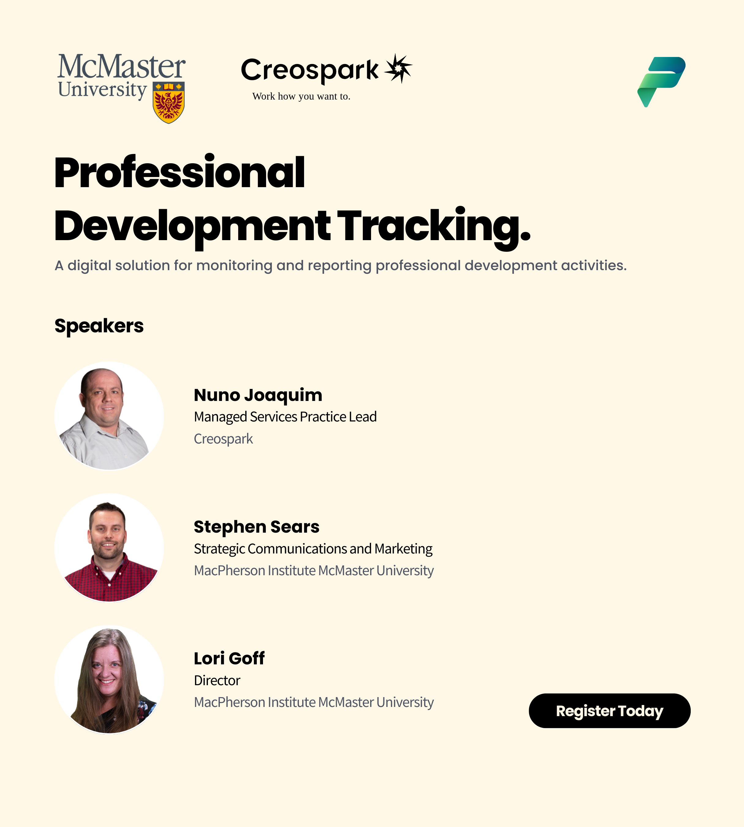 Event poster for 'Professional Development Tracking' hosted by McMaster University and Creospark, featuring speakers Nuno Joaquim, Stephen Sears, and Lori Goff. Includes a call-to-action button 'Register Today.'