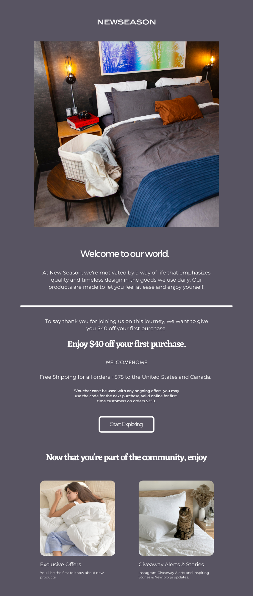 Promotional landing page for New Season with an image of a modern bedroom, text offering $40 off first purchase, and two community benefits: exclusive offers and giveaway alerts.