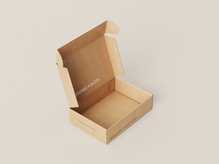 Open brown cardboard box with "NEWSEASON" printed inside, on a light background.