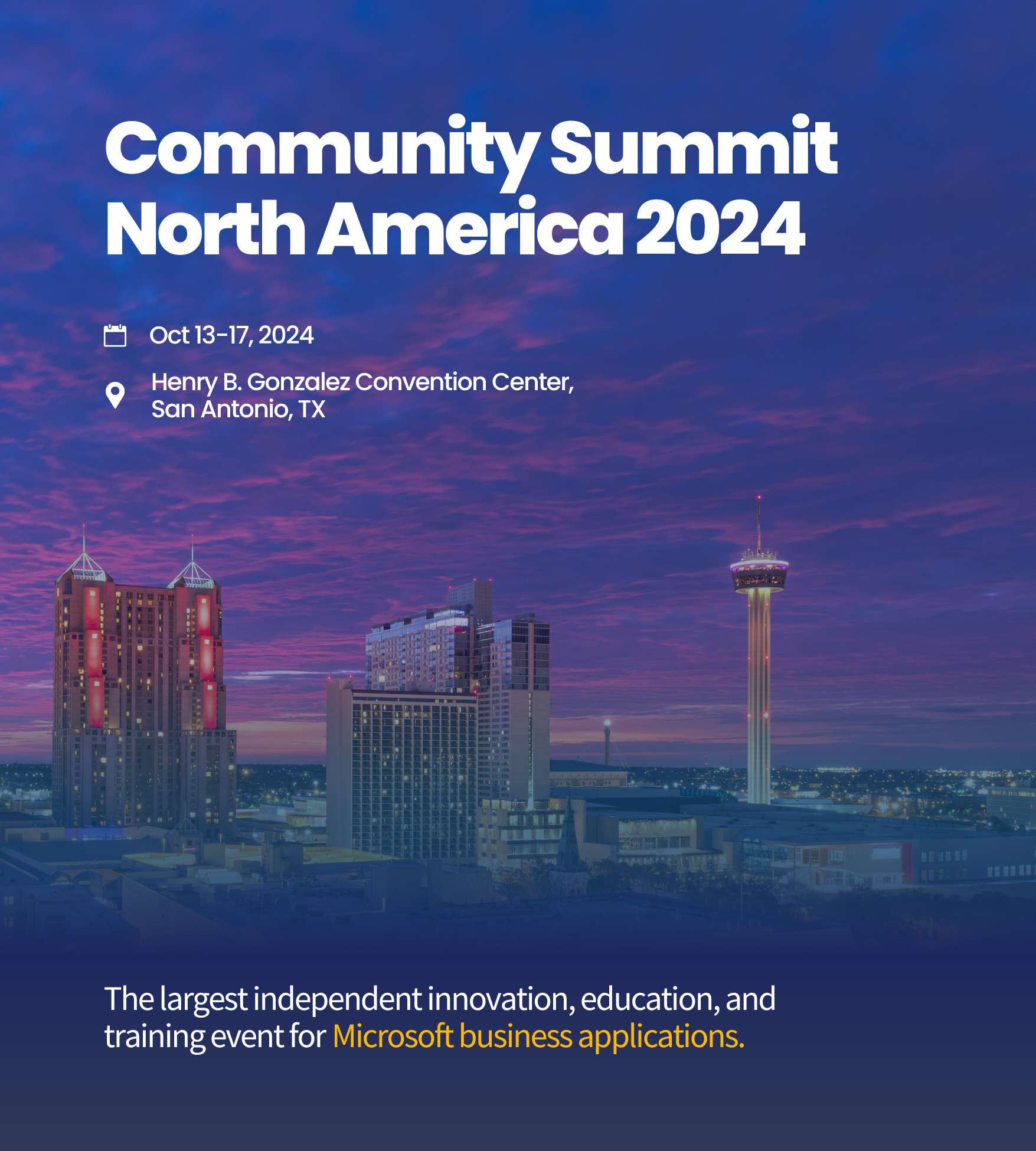 Community Summit North America 2024 event poster with San Antonio skyline, featuring location and date details.