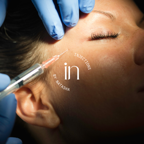 Close-up of a person receiving a cosmetic injection near the eye, administered by gloved hands.