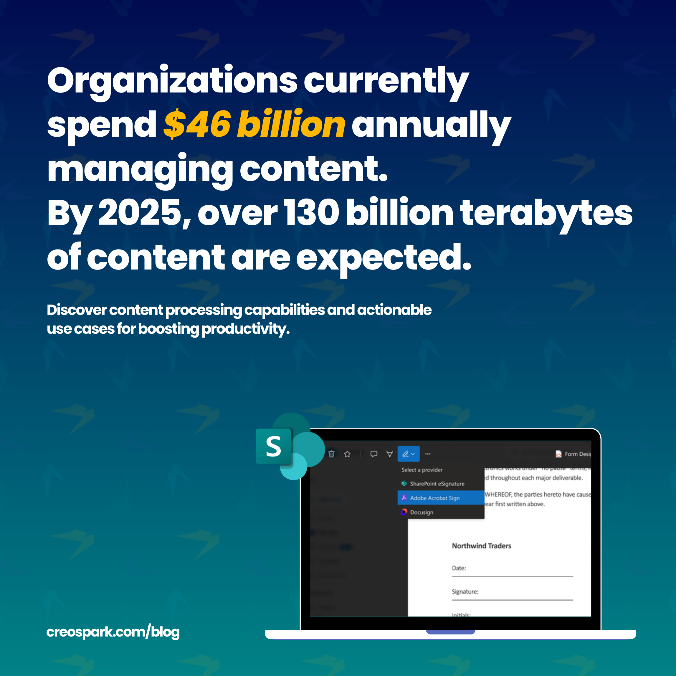 Infographic about content management costs and predictions, featuring a laptop with content processing software interface and a statistic highlighting $46 billion spent annually by organizations. Mentions projected 130 billion terabytes of content by