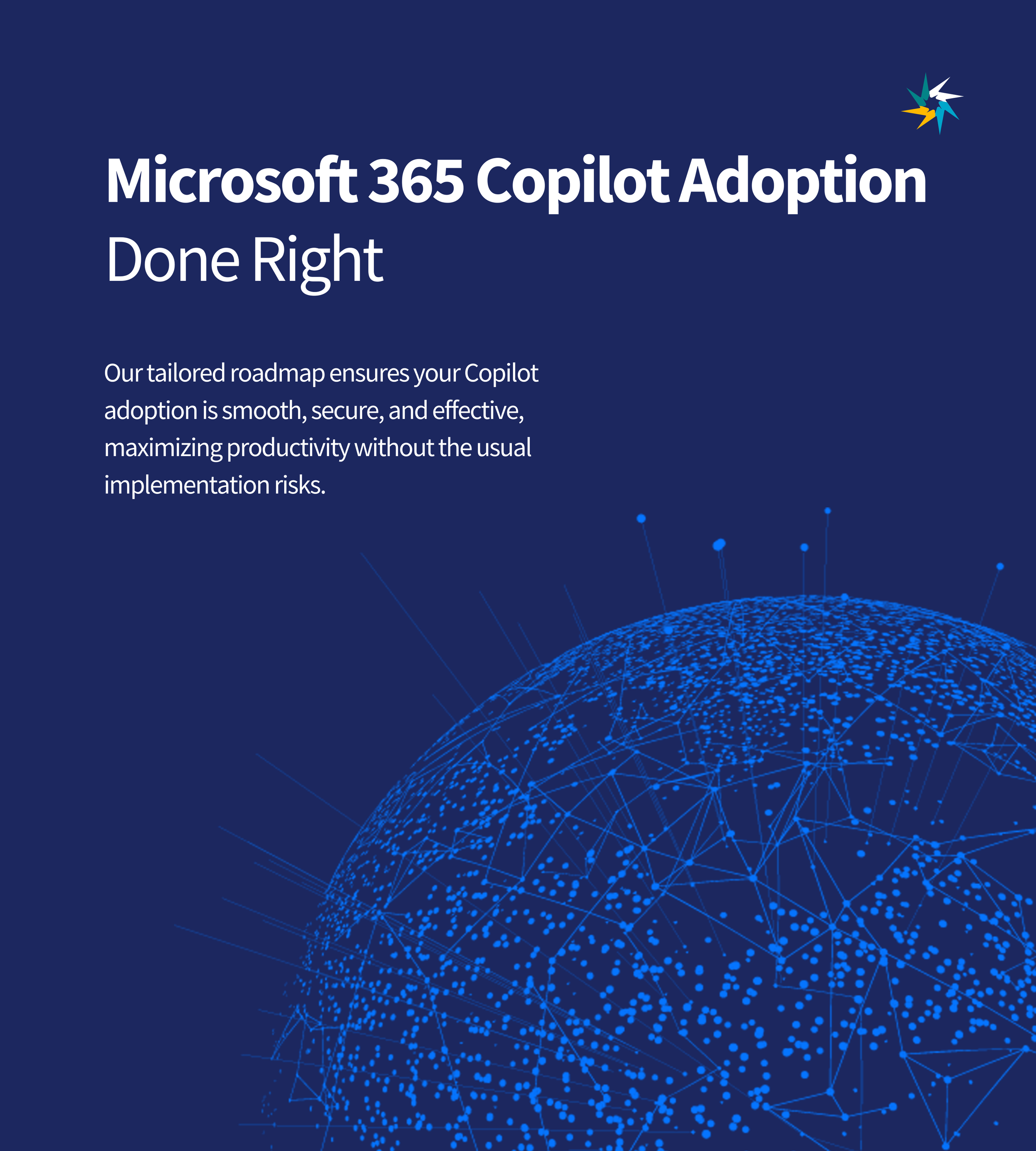 Microsoft 365 Copilot Adoption promotional graphic with text about a tailored roadmap for implementation, alongside a digital globe illustration in blue.
