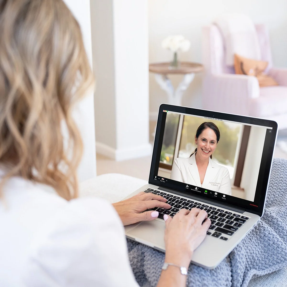 True Skin Beauty client receiving an online skin care consultation from founder Theresa Palella