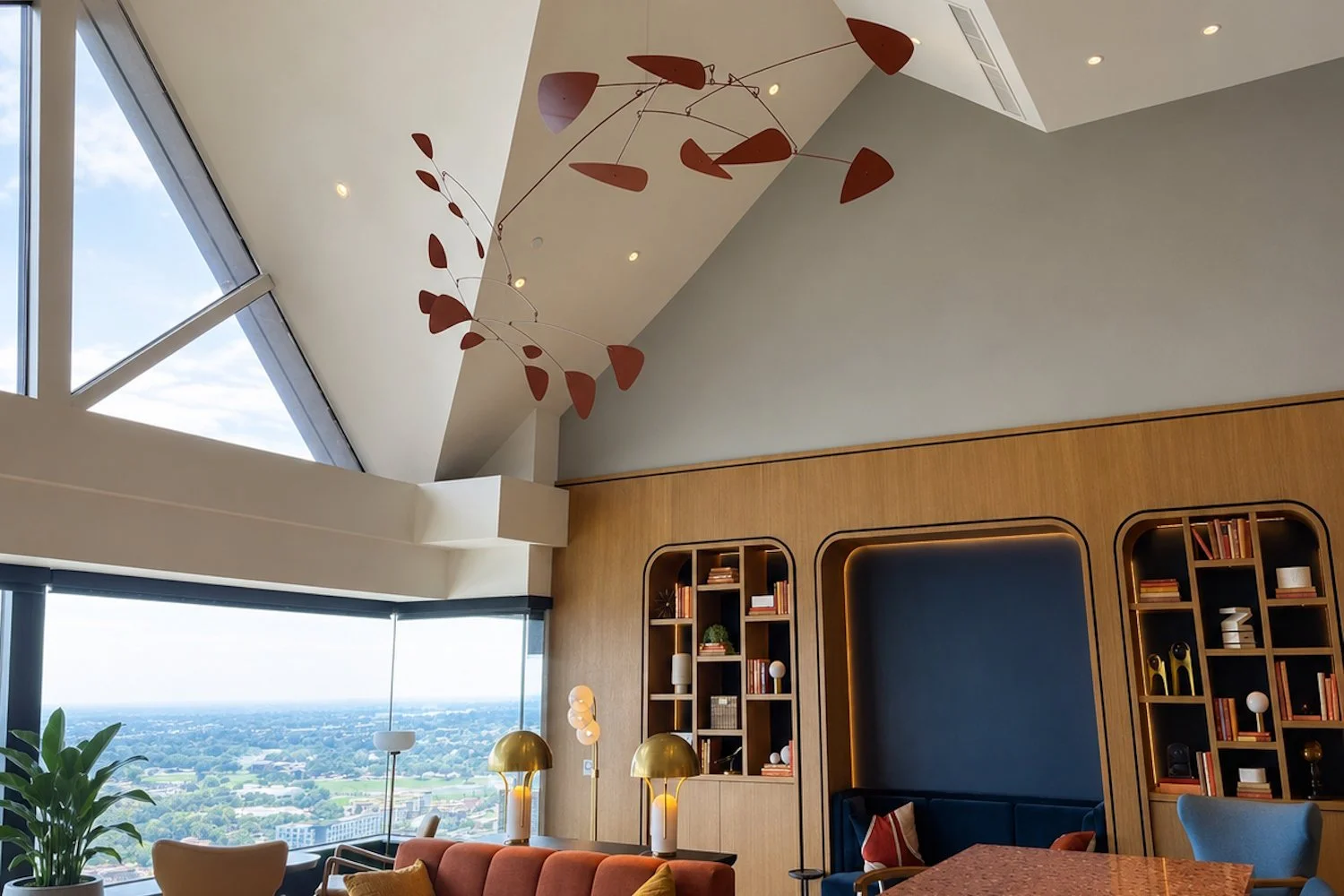 maroon hanging mobile sculpture in penthouse.jpg