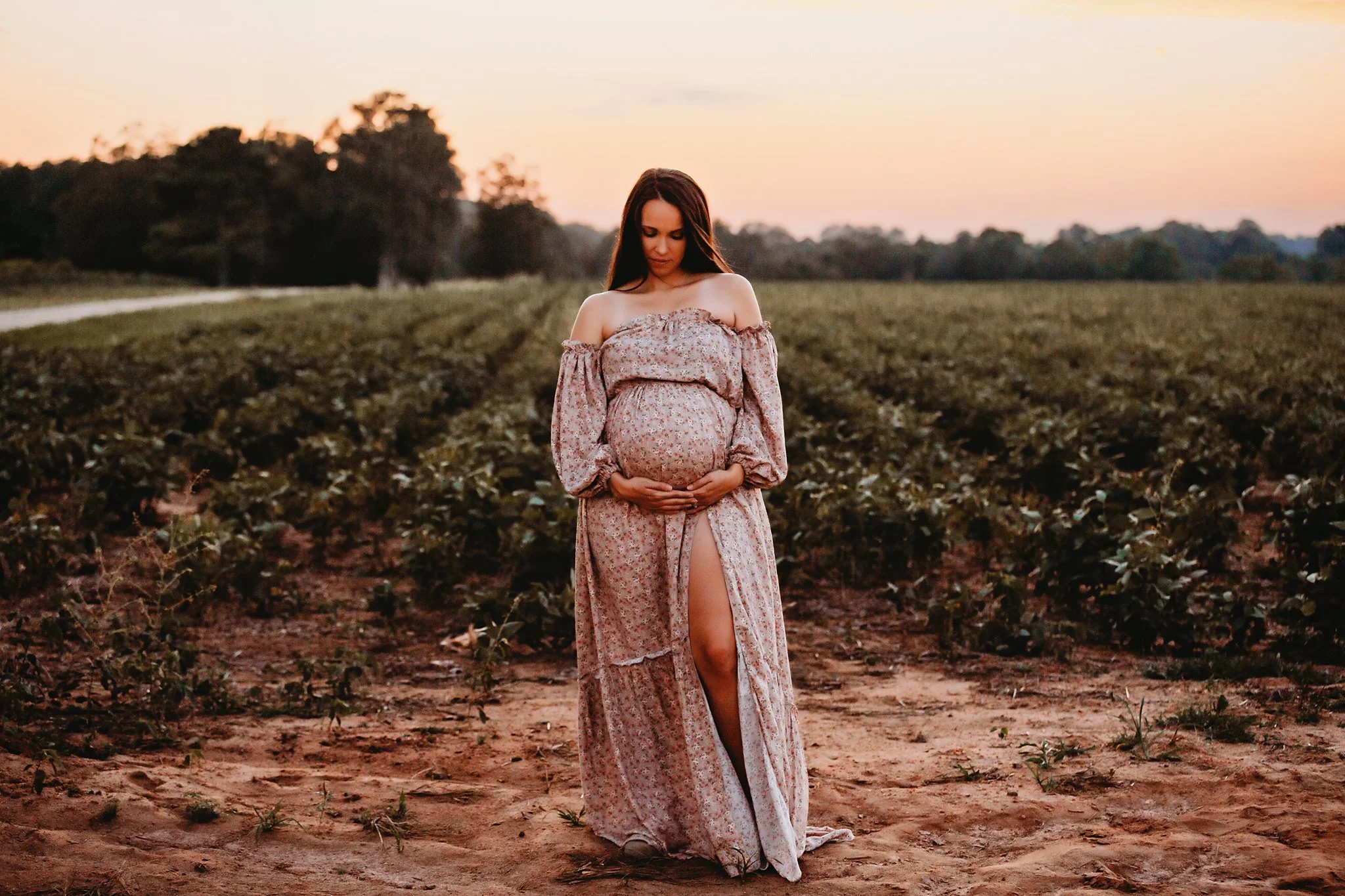 A pregnant mother cradles her belly and looks down at it lovingly in front of a faded away sunset. Taken by Pace FL maternity Photographer June Sunrise Photography.