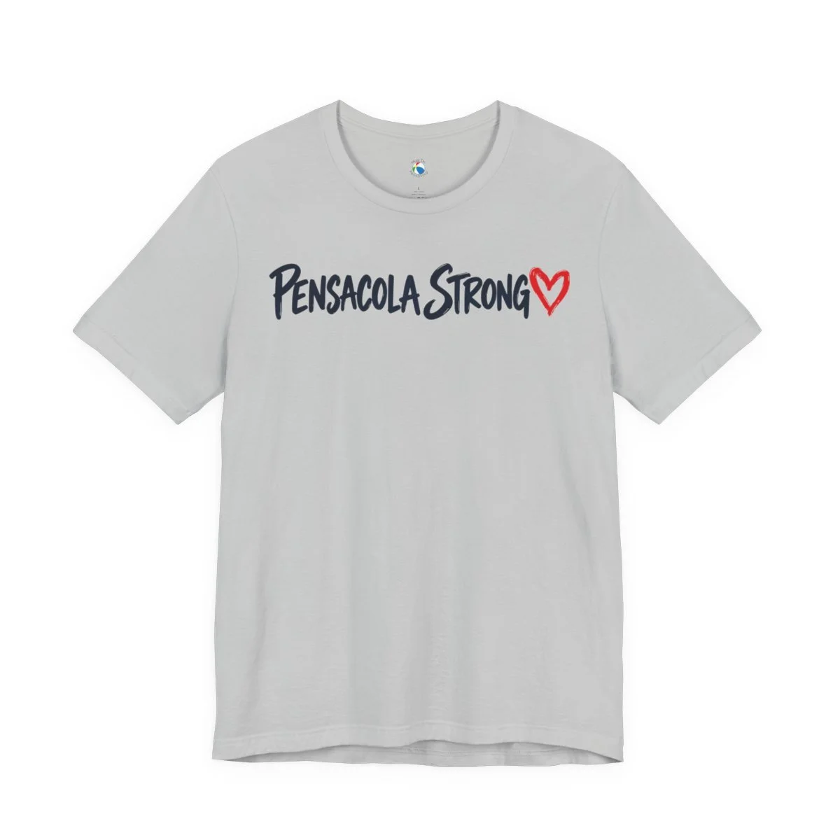 Athletic Heather Pensacola Strong T-shirt with navy lettering and red heart