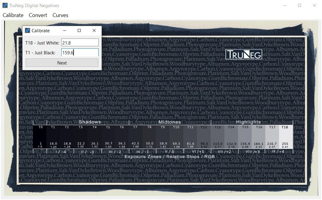 Entering the "just white" and "just black" parameters into the TruNeg App.