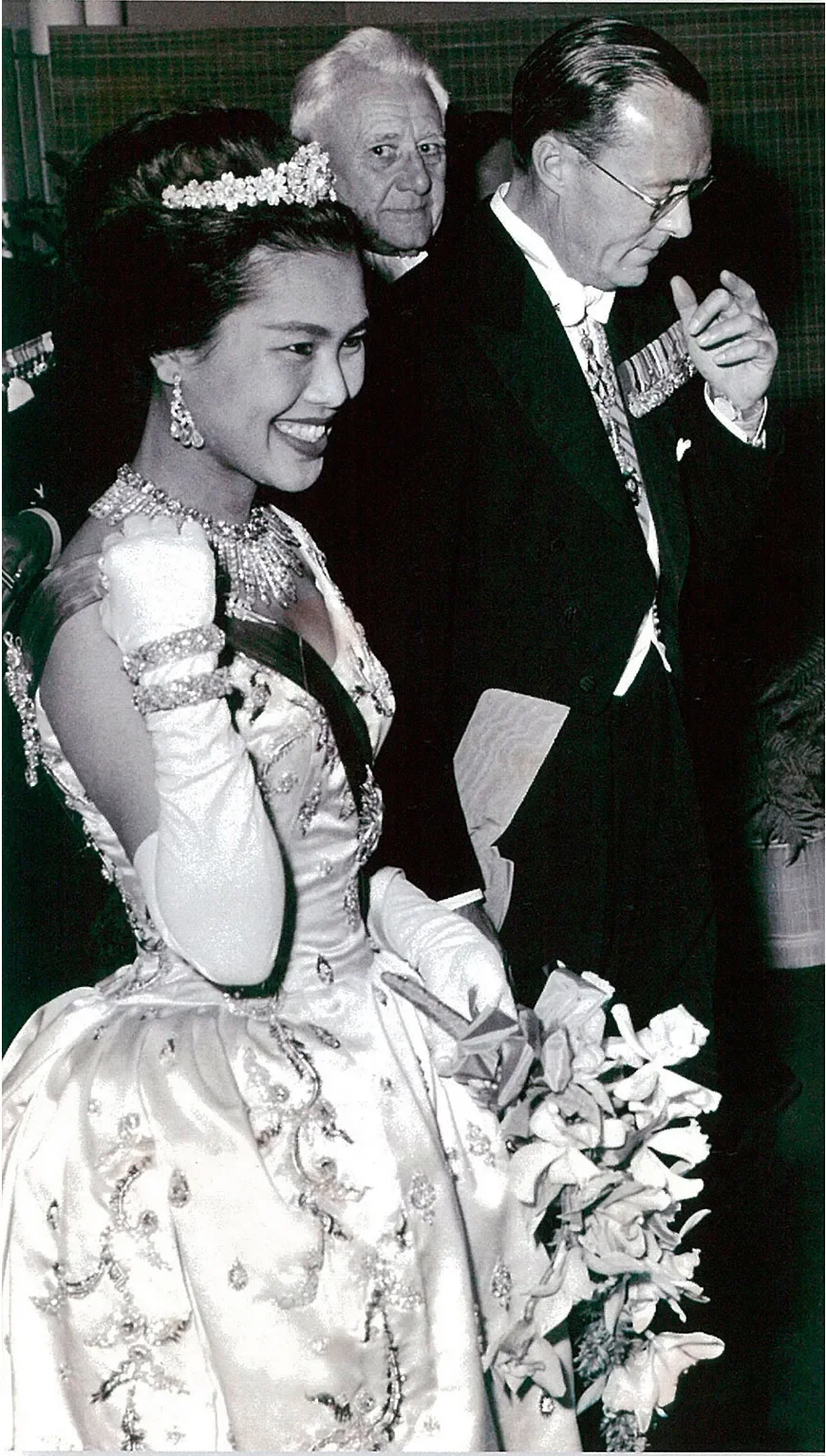 Queen Sirikit in Balmain gown with Prince Bernhard in The Hague, 1960