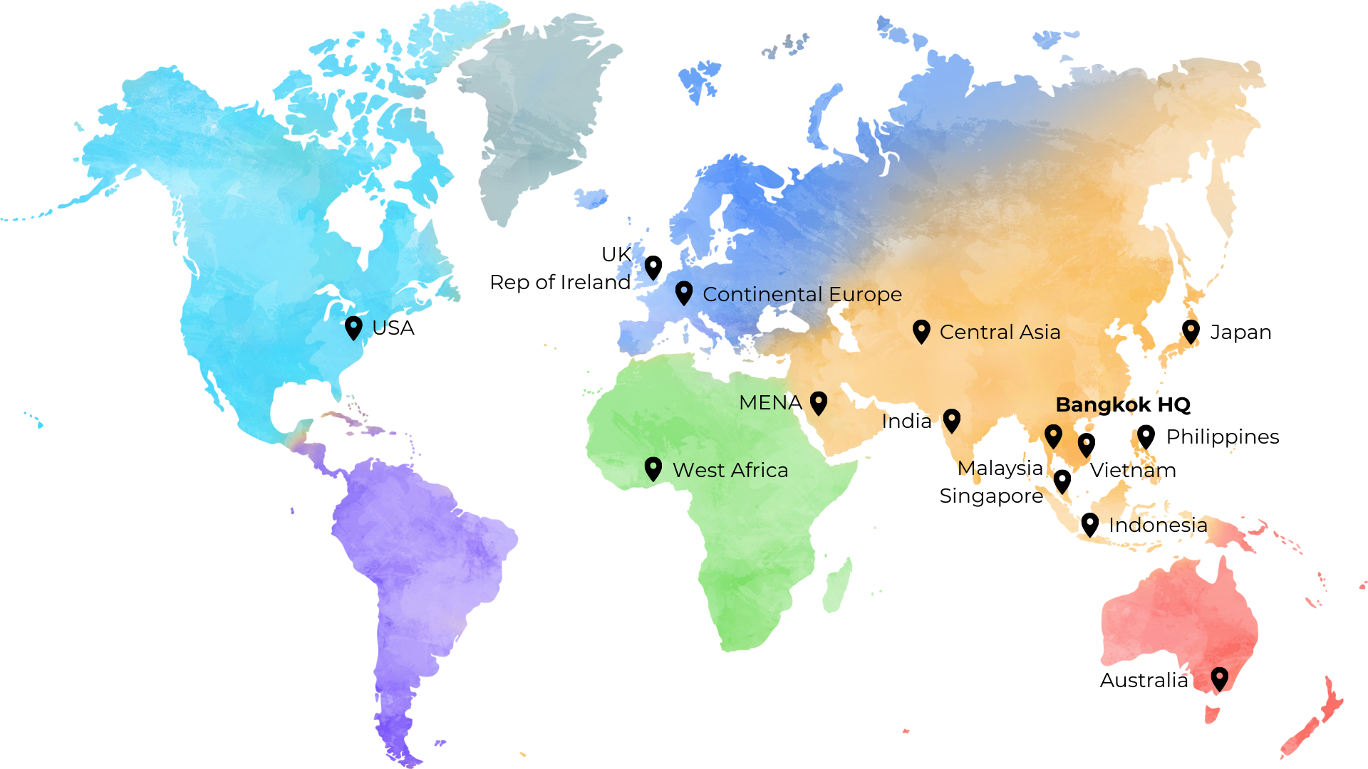 Map of the world with regions labeled: West Africa, MENA, Continental Europe, Central Asia, Bangladesh, Myanmar, India, Sri Lanka, Australia, and South America, Europe, UK, USA, Australia, Singapore, Malaysia, Japan, Philippines,