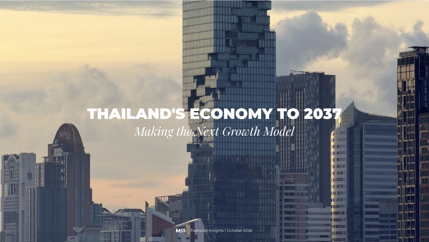 Title card reading Thailand's Economy to 2037, Making the Next Growth Model, over Bangkok's central business district skyline at dusk.