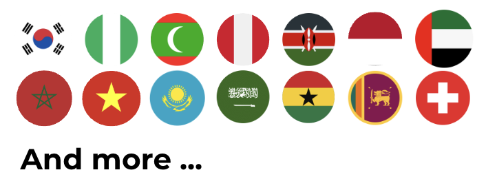 International Flags South Korea Nigeria Maldives Peru Kenya Indonesia UAE Morocco Vietnam Kazahkstan Saudi Arabia Ghana Sri Lanka Switzerland