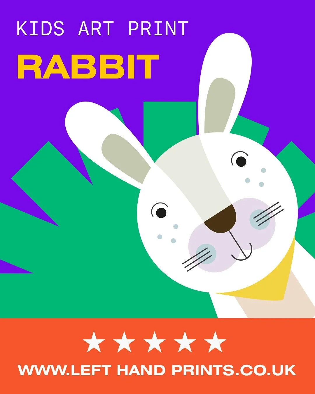 Jazz up your kids bedroom walls with this happy bunny.  Part of the kids collection. Available from the website it A2, A3, A4 sizes.