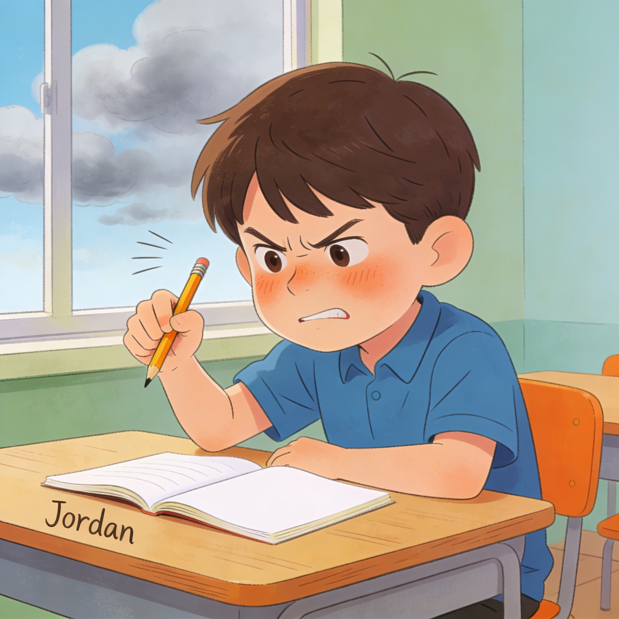 A cartoon illustration of a boy with brown hair writing in a school notebook at a desk. The notebook has the name 'Jordan' written on the cover. In the background, an open window shows cloudy sky.