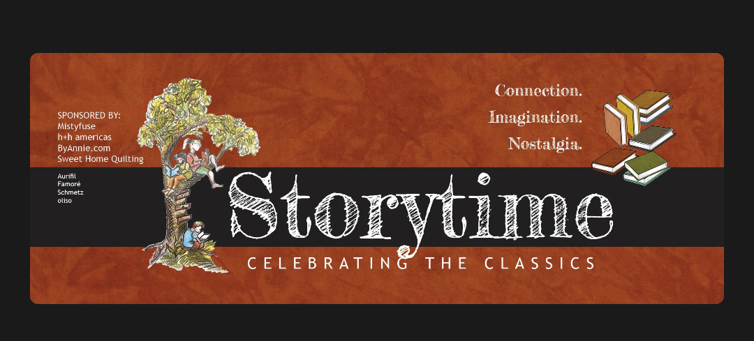 Banner for a storytelling event titled 'Storytime: Celebrating the Classics' featuring a tree illustration with children reading, and the words 'Connection, Imagination, Nostalgia'.