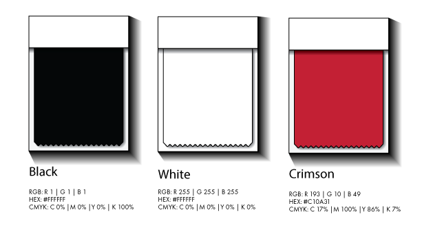 Three color swatches  in black, white, and red colors.