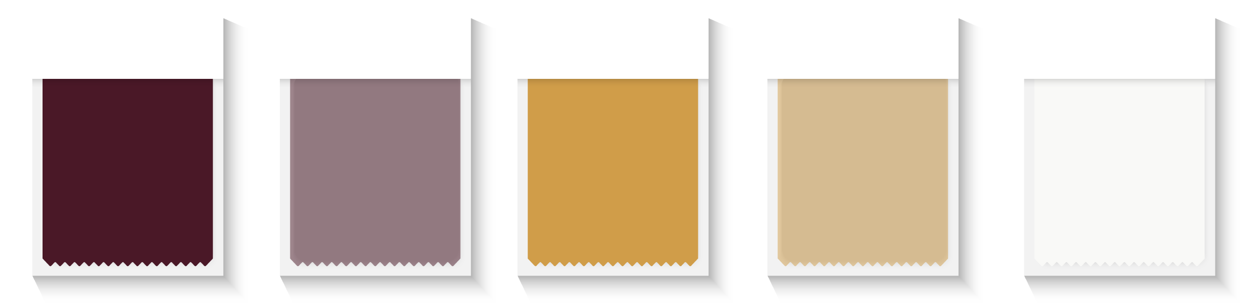 Five fabric swatches in different shades: dark burgundy, mauve, mustard yellow, beige, and white.