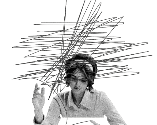 A YOUNG GIRL WITH DARK HAIR AND A PENCIL IN HER HAND THINKING AND DESIGNING