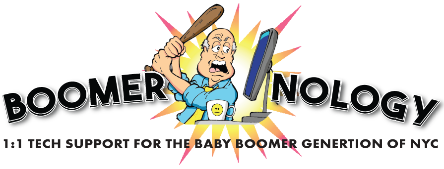 Cartoon illustration of an angry man hitting a computer monitor with a baseball bat, with the word 'Boomer-Nology' in bold letters.