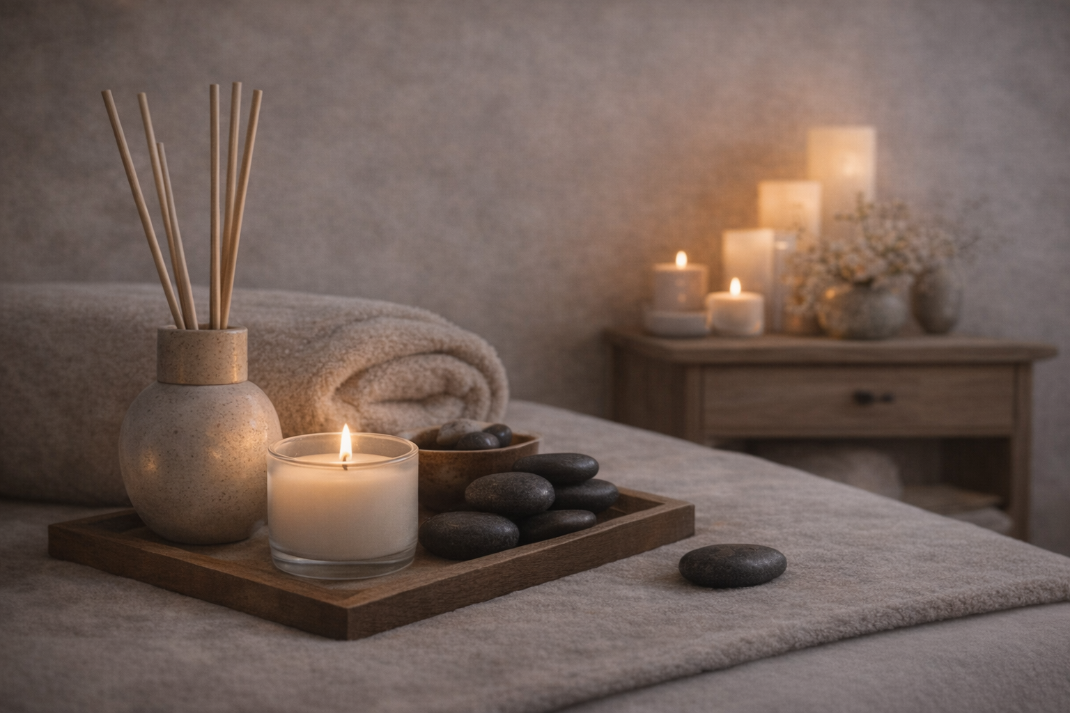 Spa or massage room with lit candles, a rolled towel, stones on a tray, and calming decor.