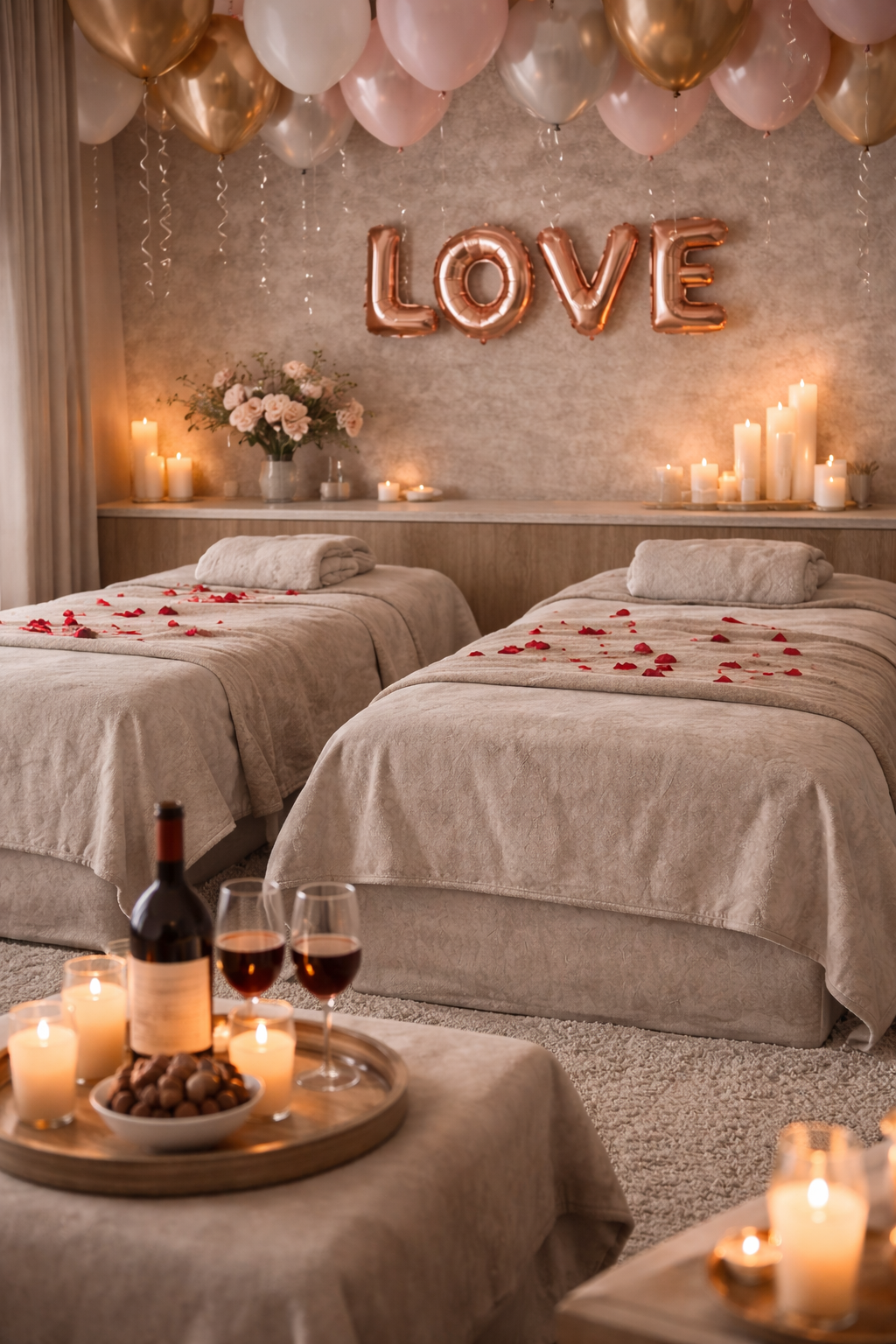 A romantic setting with two massage beds covered in beige sheets and rose petals, surrounded by candles, balloons spelling 'LOVE', a flower arrangement, and glasses of red wine on a tray.