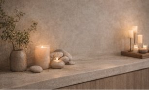 Decorative arrangement with candles, stones, and plants on a minimalist shelf