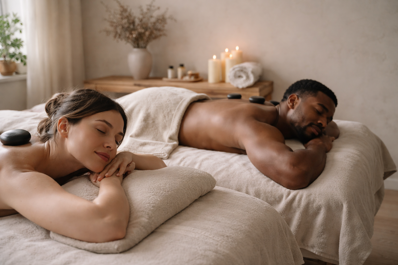 Two people relaxing and receiving hot stone massages in a spa room with candles, towels, and plants.