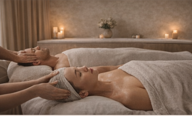 Two women lying on massage tables, receiving a head massage in a spa room with candles and floral decor.