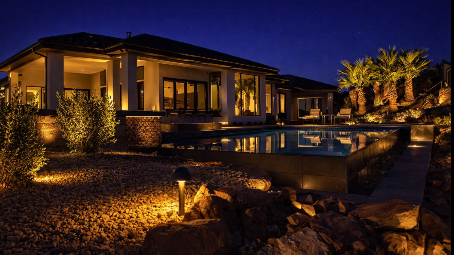 Luxury Charlotte, NC home with custom after-dark landscape lighting, illuminated poolside hardscape, and professionally designed outdoor lighting around the patio and palm-lined backyard.