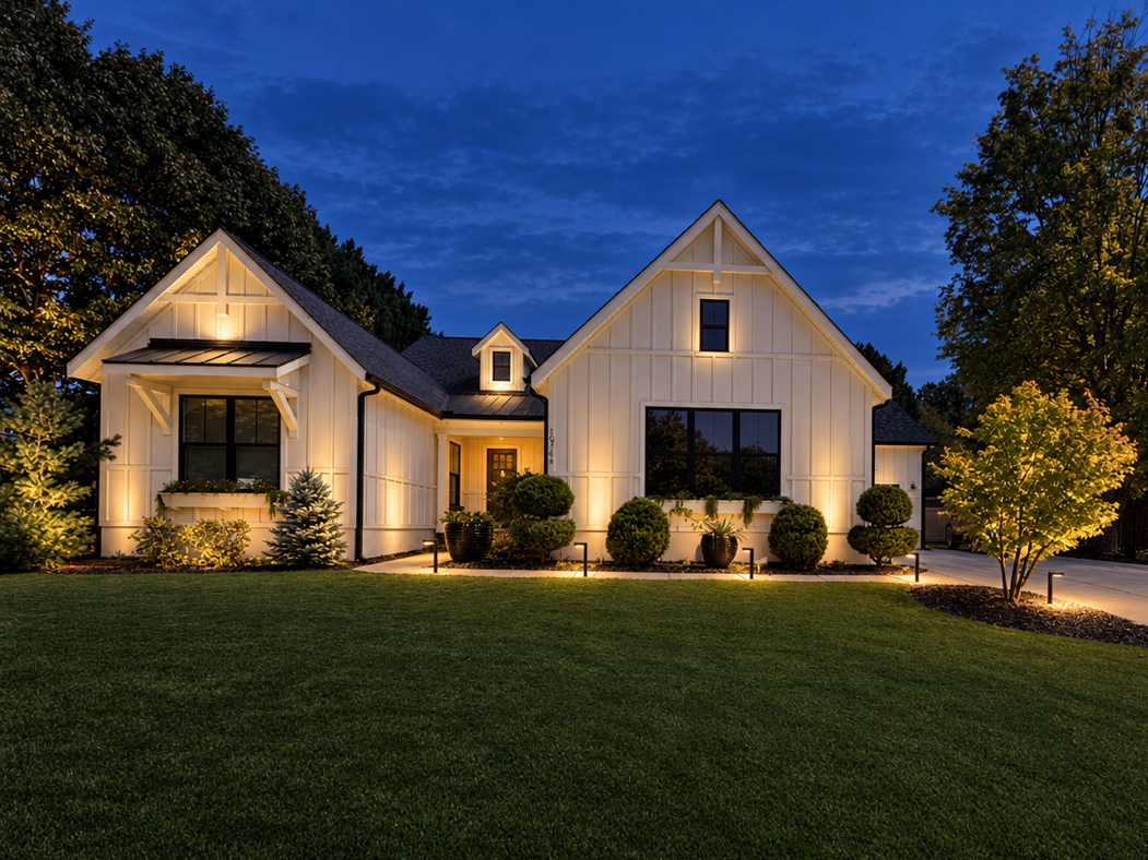 Warm landscape lighting highlights layered shrubs, mature trees, and the white façade of a modern farmhouse at dusk.