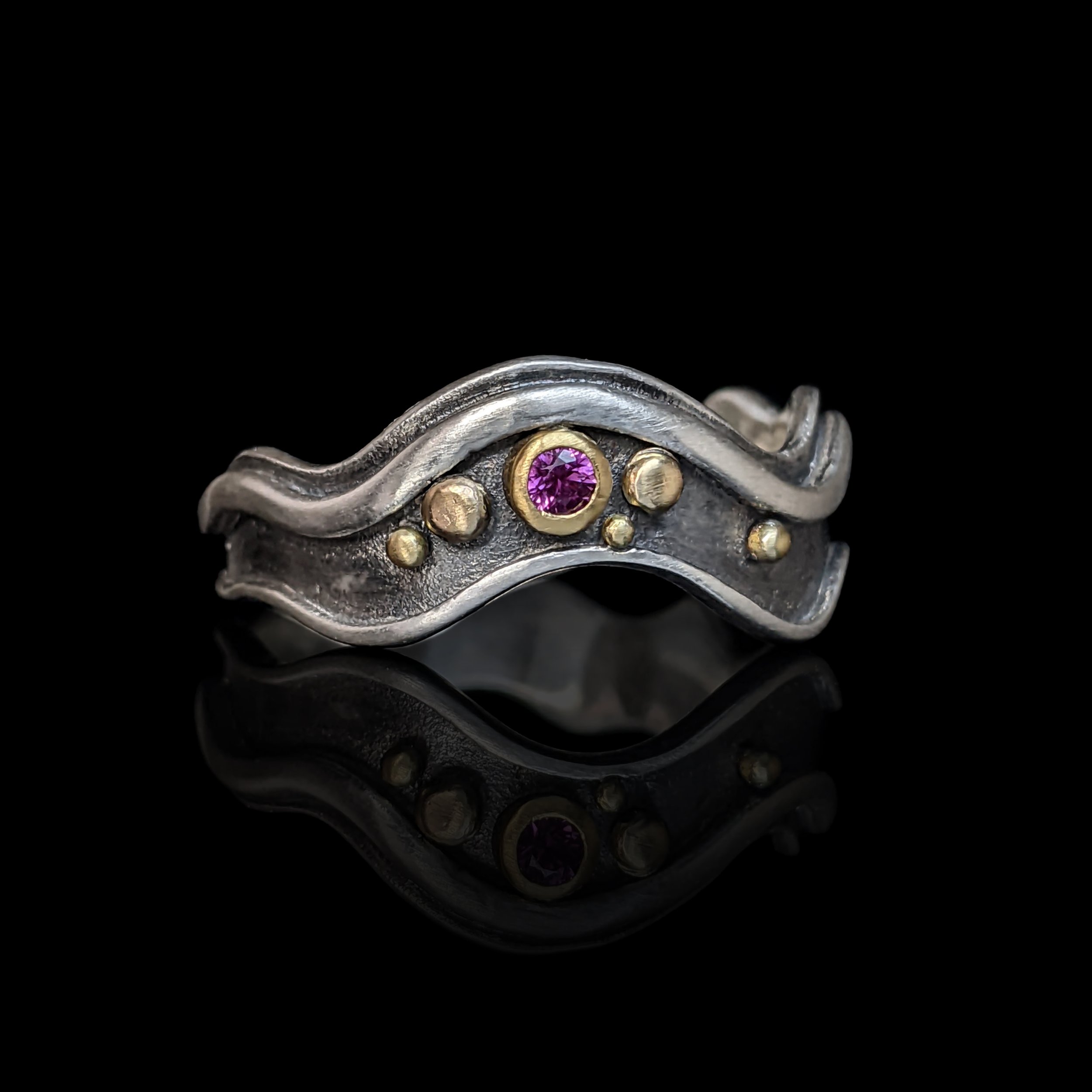 Hot Pink Ruby Stream Ring with Gold Granulation