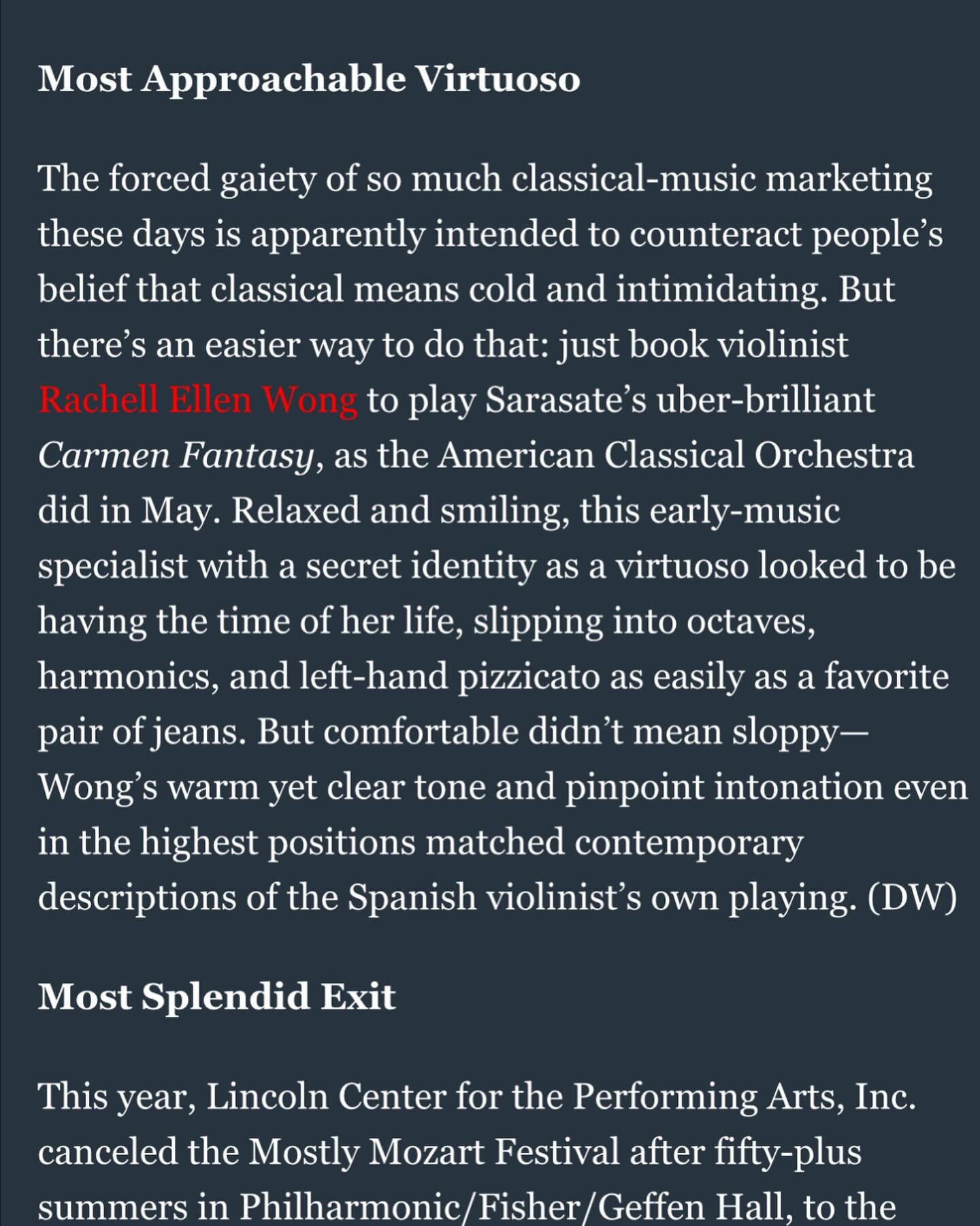 Thank you New York Classical Review for including my performance of Sarasate&rsquo;s Carmen Fantasy in your Top 10 Performances of 2023! 🌟