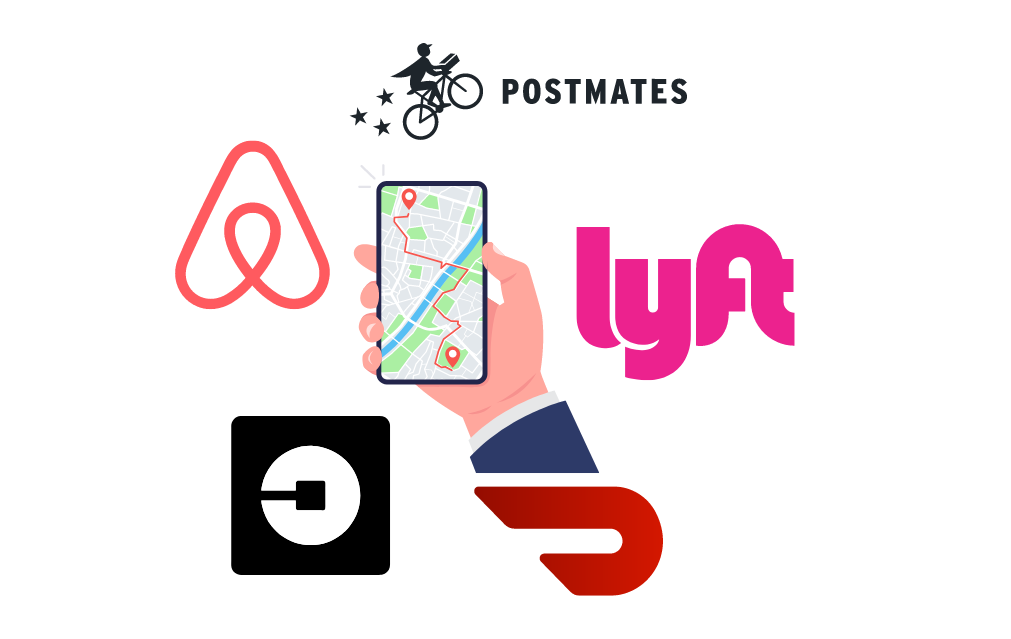 Illustration of a hand holding a smartphone with a map and route on the screen, surrounded by logos of Airbnb, Lyft, Postmates, and Uber, representing various ride-sharing and delivery services.