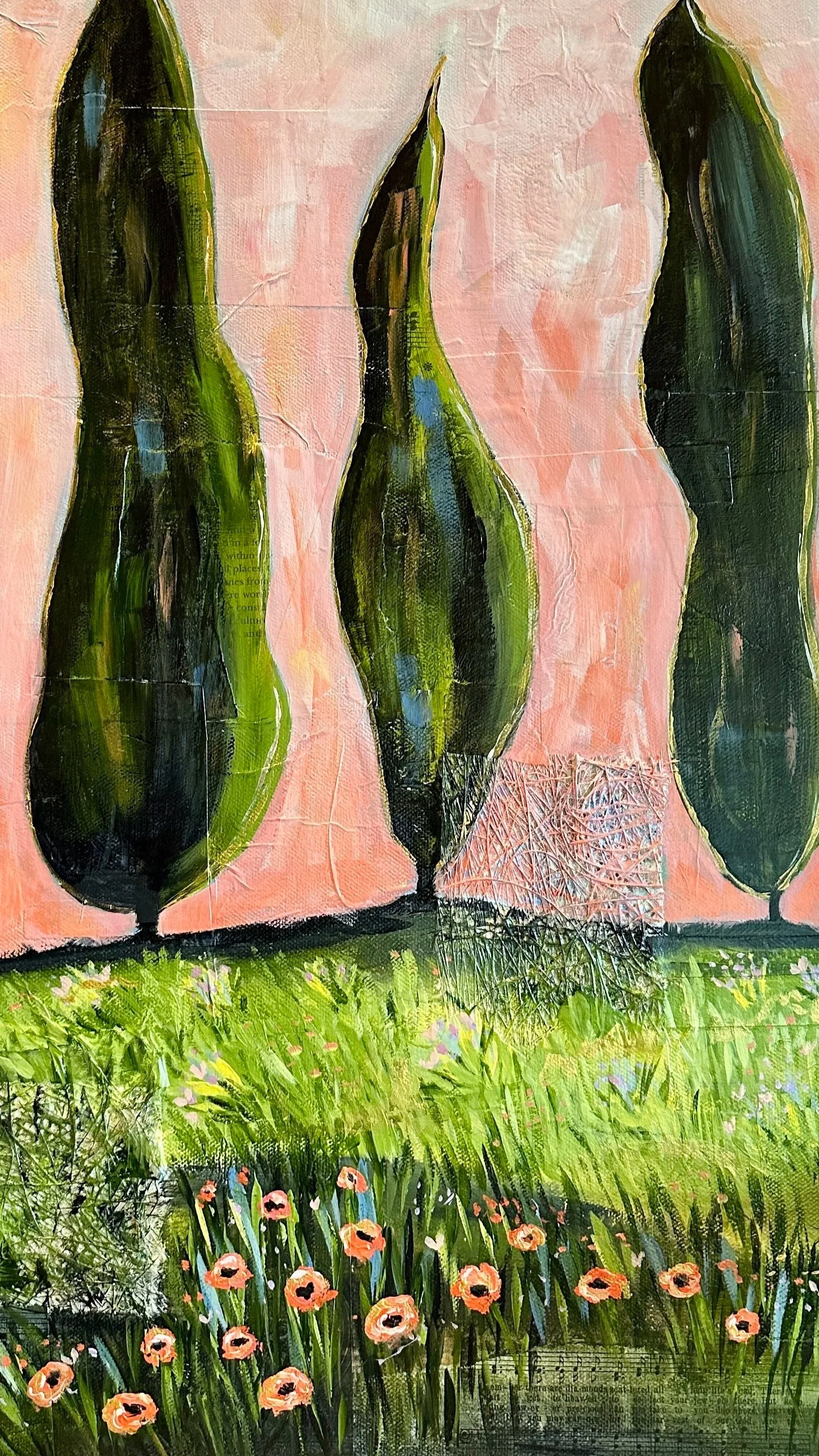 (SOLD) Three Tall Friends- 12x24" mixed media on canvas