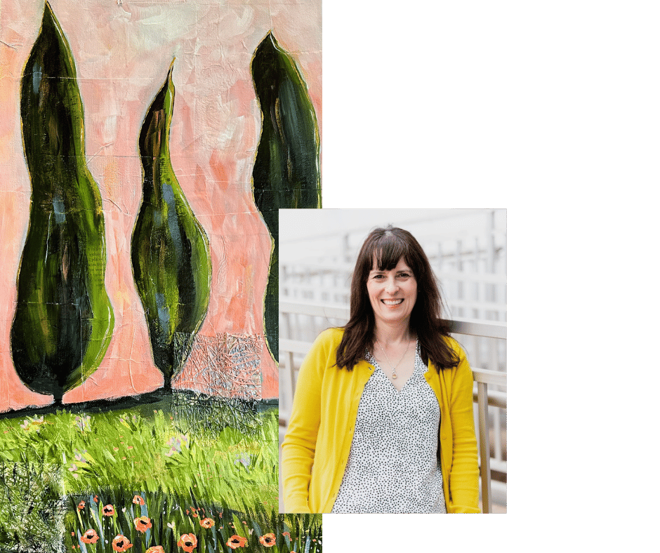 Painting of tall green artichoke plants with pink sky background and a foreground of grass and flowers, with a photograph of a woman wearing a yellow cardigan and patterned blouse smiling.