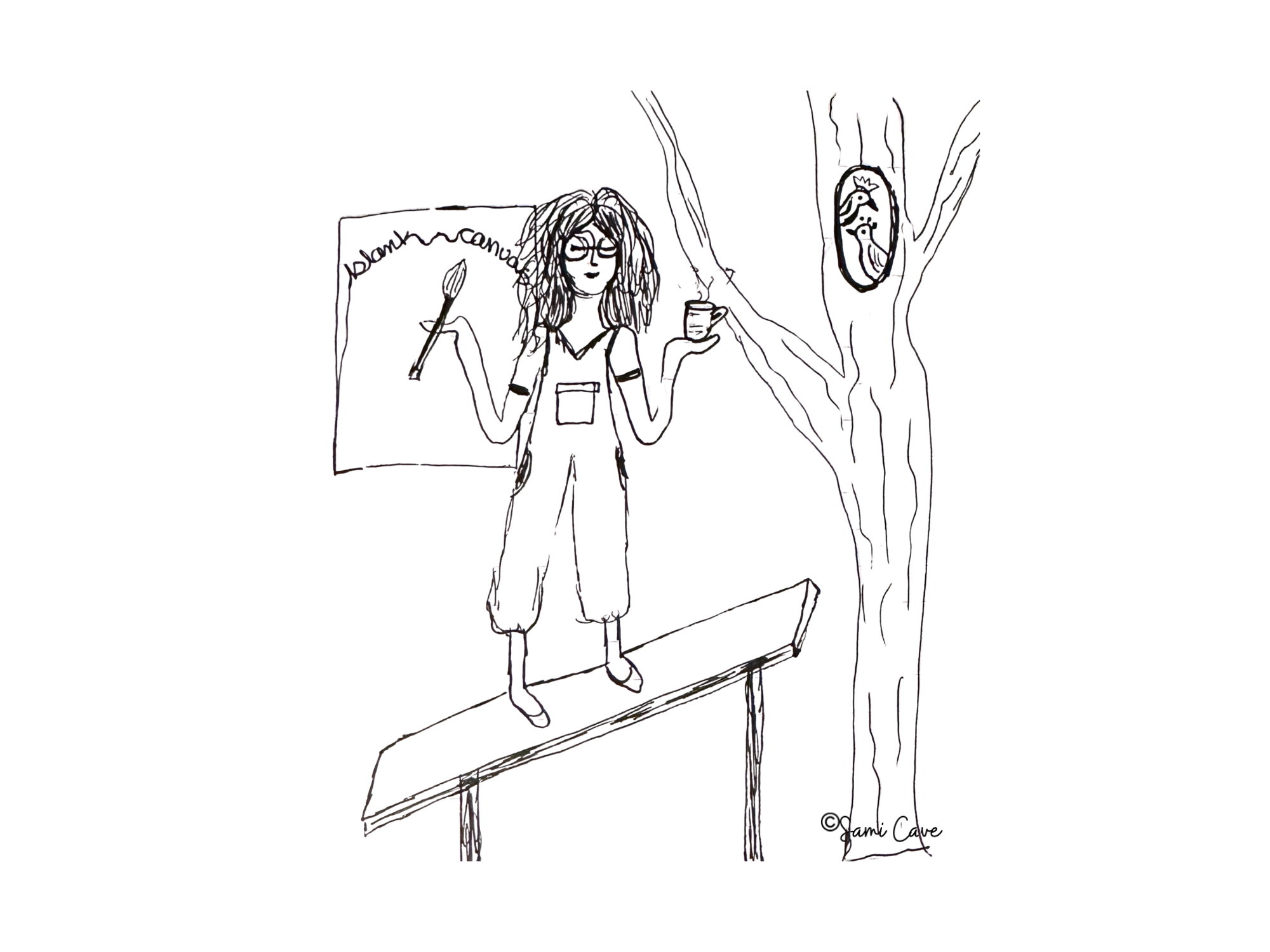 Drawing of a girl with curly hair holding a paint brush in one hand and a soda in the other, standing in a room with a blank canvas and plants.