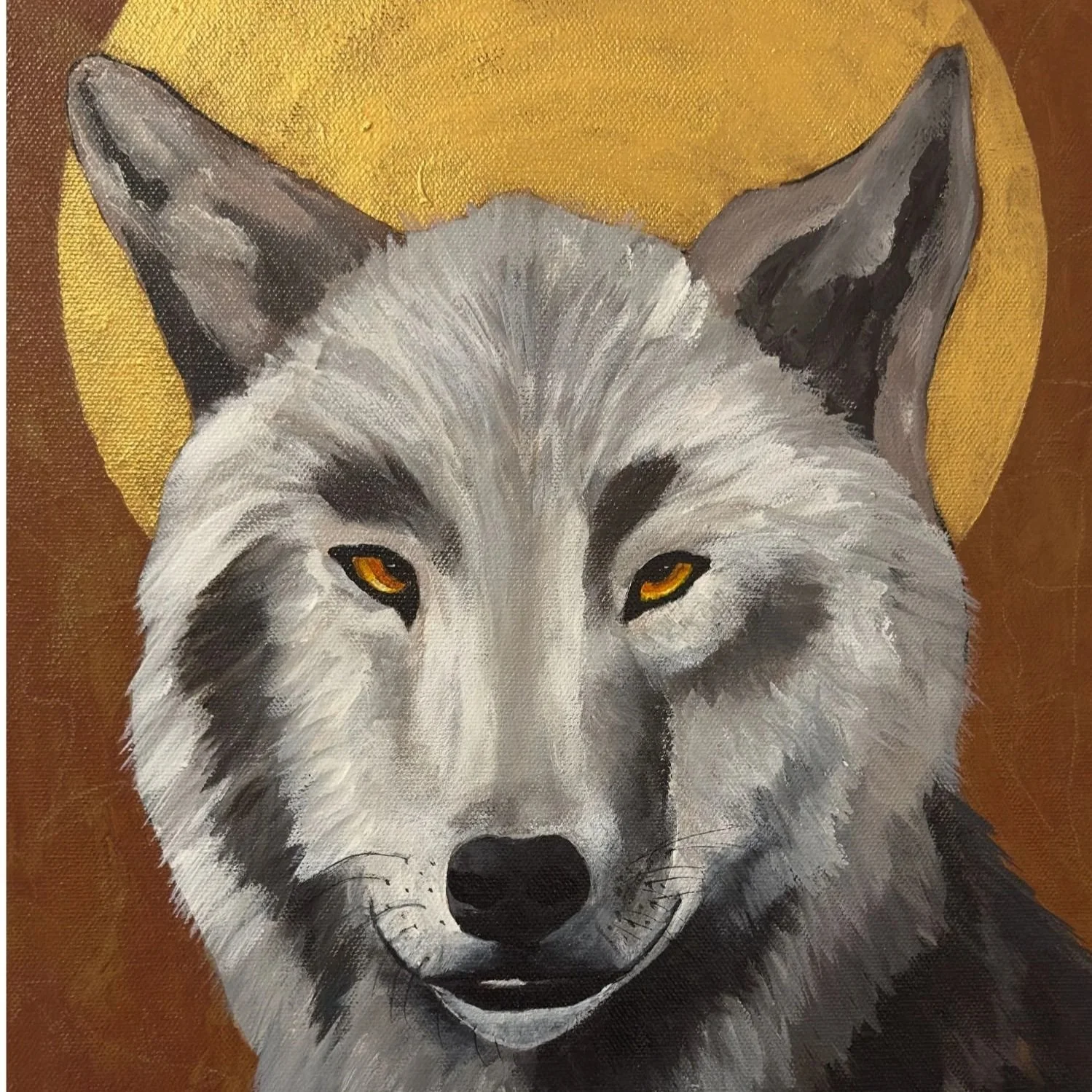 Painting of a wolf with piercing yellow eyes, gray and white fur, set against a golden background.