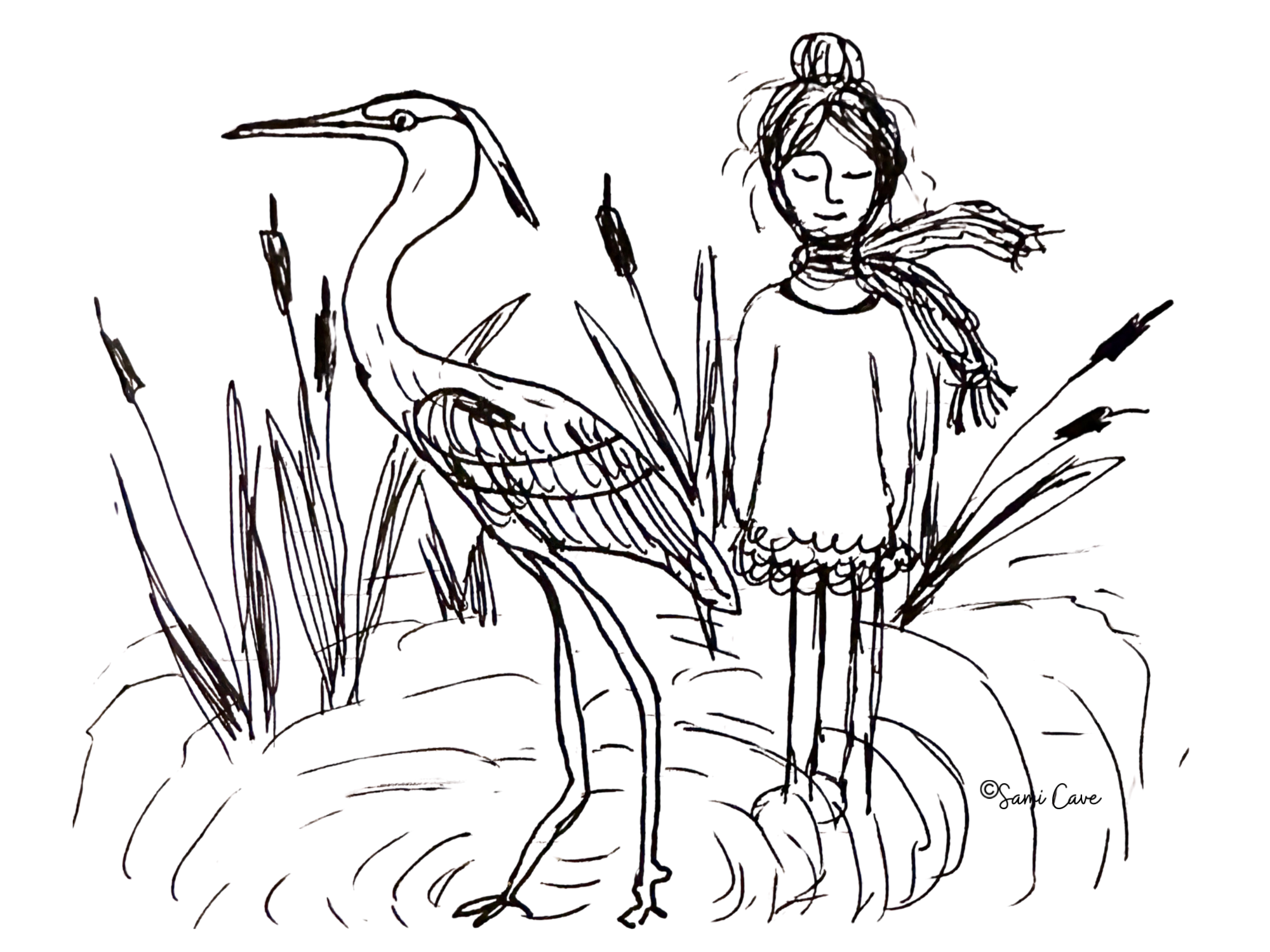 Outline of a girl sitting in a field of tall grass, holding a flower, with a large bird fly nearby.