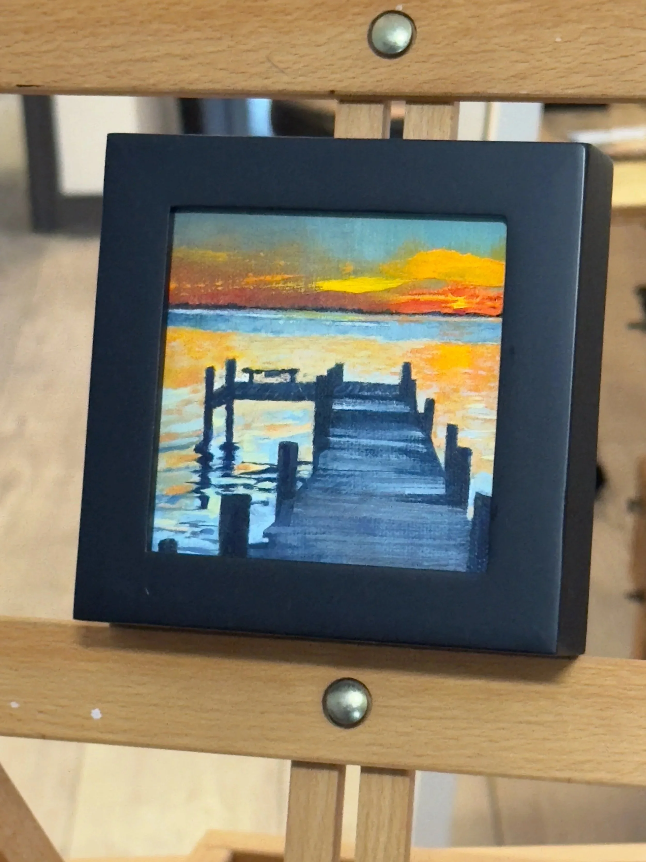 Dock Holiday, 4" x 4" oil on linen, framed