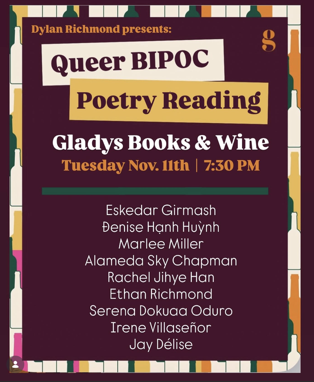 Queer BIPOC Poetry Reading: Gladys Books & Wine