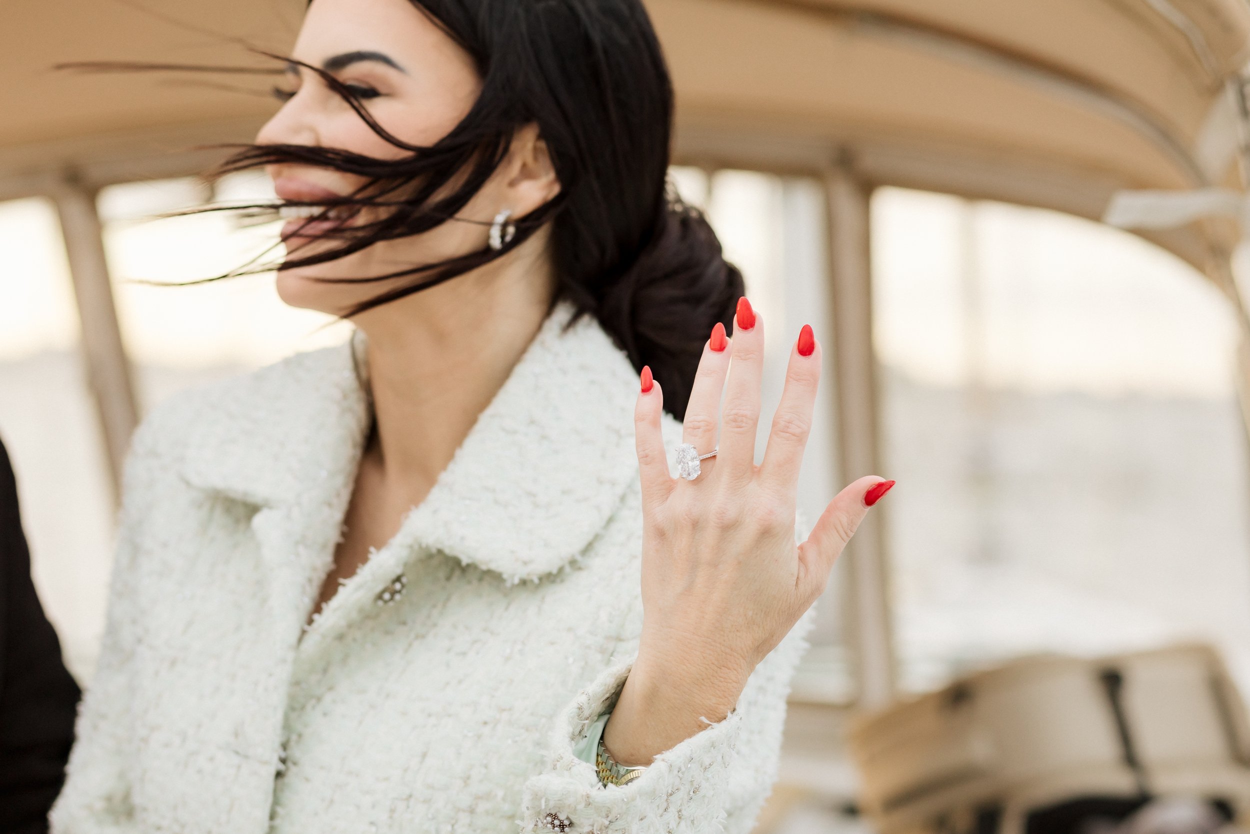 Close-up of an engagement ring during a Charleston engagement session before the wedding day
