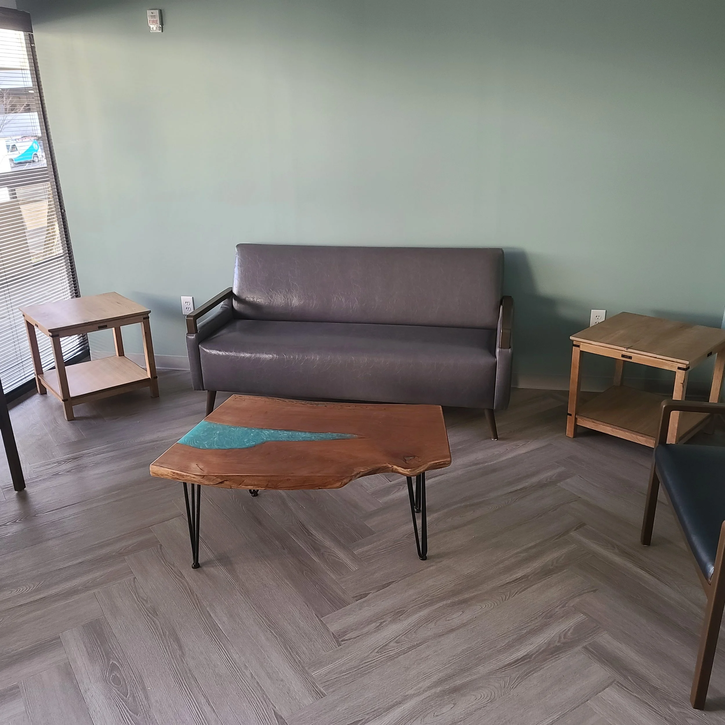 Cherry end tables with cherry & epoxy hybrid coffee table.