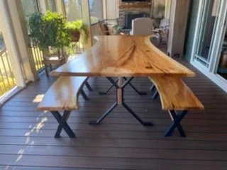 Pecan Outdoor dinning table and benches with custom truss base.