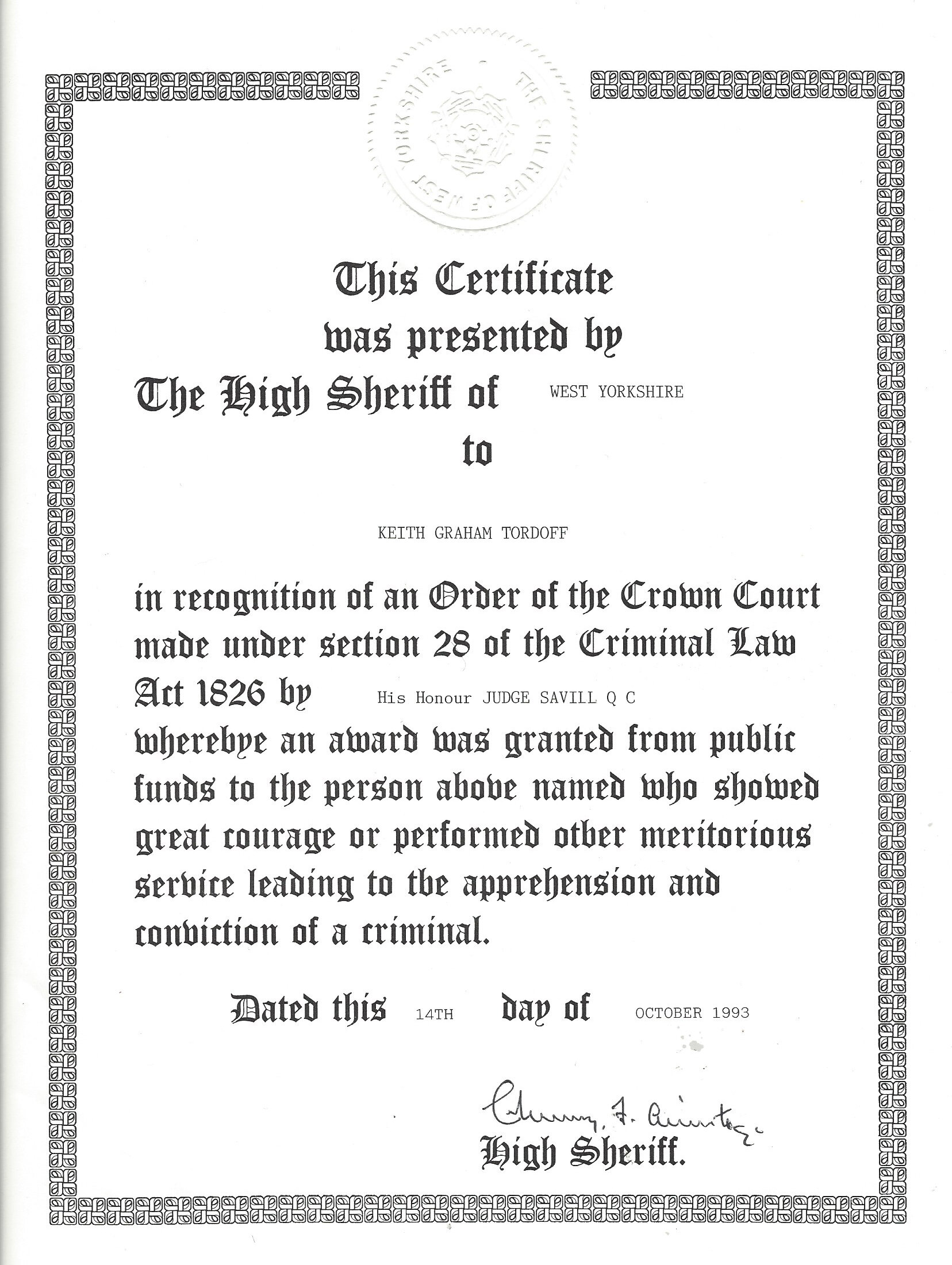 Certificate High Sheriff of West Yorkshire, order of the crown 1993.jpg