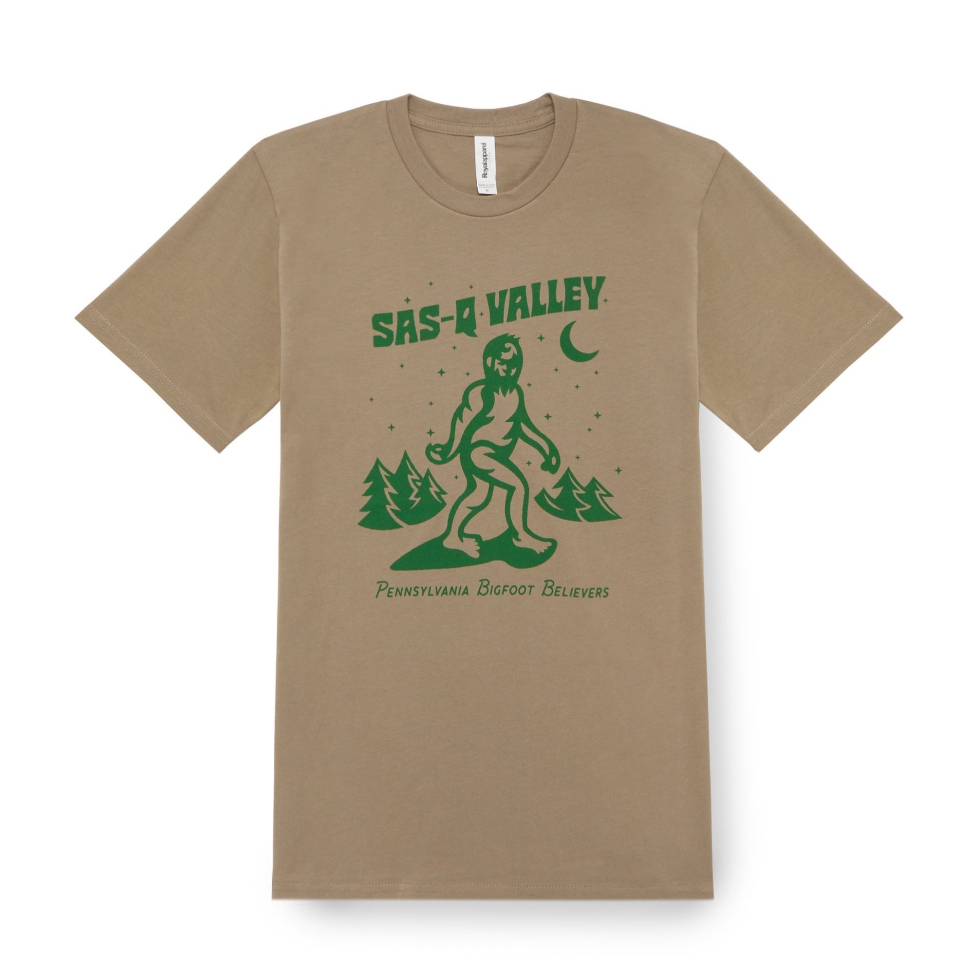 The Pennsylvania Bigfoot Believers Tee features bigfoot trapsing through the Sas-que-valley in green ink on a mushroom brown tee.