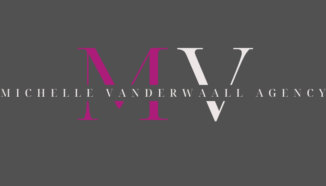 Logo for Michelle Vanderwaall Agency with a dark gray background and stylized pink and white initials M and V.